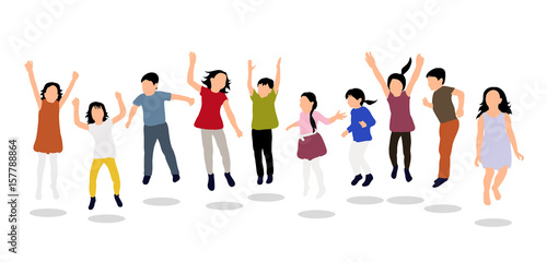 Happy children jumping up  concept of childhood  joy  fun  flat style  isometric people