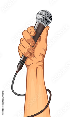 hand holding a microphone in a fist. cartoon vector illustration