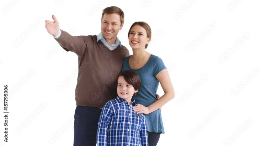 Happy family with child posing on white background Happy family with child posing on white background
