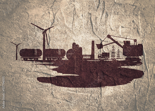 Energy and Power icons set and grunge brush stroke. Energy generation and heavy industry relative image. Grunge concrete texture