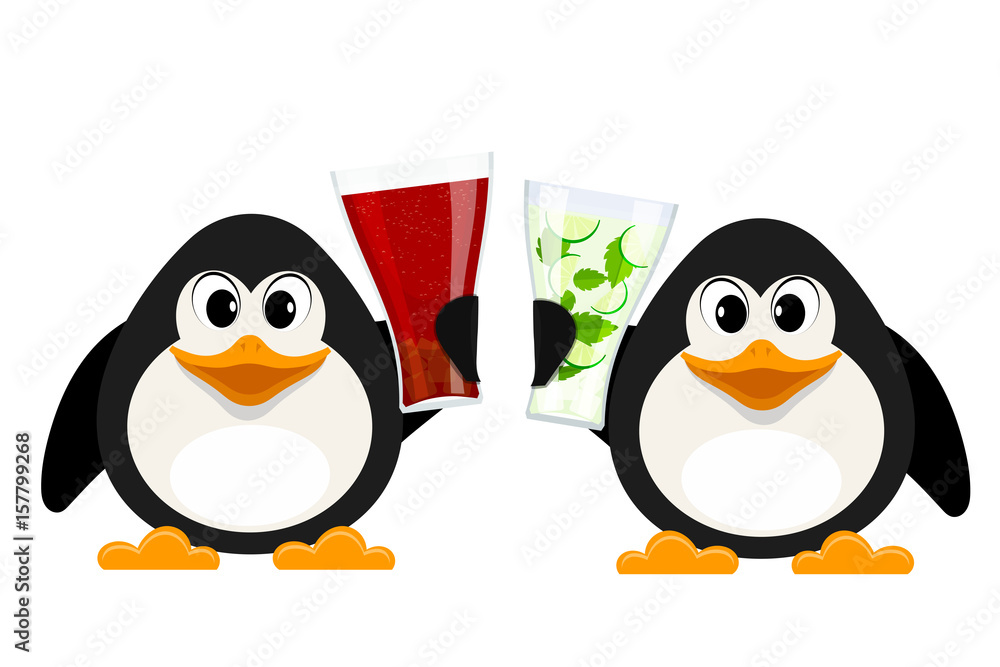 Fototapeta premium Two small penguins with cola glasses and non-alcoholic mojito. Cartoon style abstract animals with drinks. Vector illustration