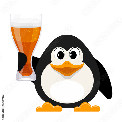 Cartoon style penguin with a glass of beer on a white background. Vector illustration