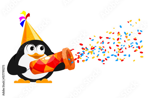 Colorful Popper on a white background. A little penguin with a cracker. Cardboard popper - the concept of fun and celebration. Shooting of the Popper Festival. Vector illustration.