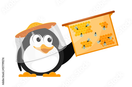 Bee-eater with bees honeycombs on a white background. The cartoon style of the young penguin works on the apiary. Vector illustration