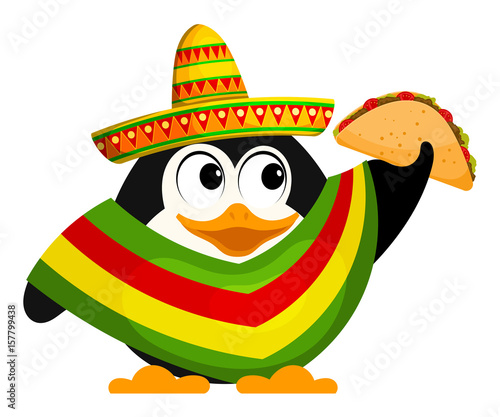 Cute little penguin with a poncho, sombrero and a taco. Mexican style. Cartoon vector illustration