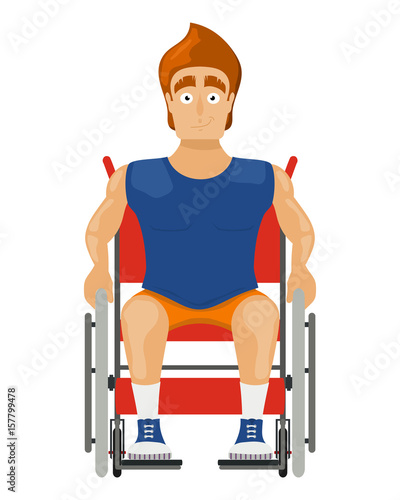 Athlete in a wheelchair on a white background. Cartoon illustration of a young guy Sportsman sitting in a wheelchair for disabled people. Vector illustration