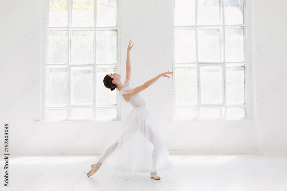 Young and incredibly beautiful ballerina is posing and dancing in a white studio Young and incredibly beautiful ballerina is posing and dancing in a white studio