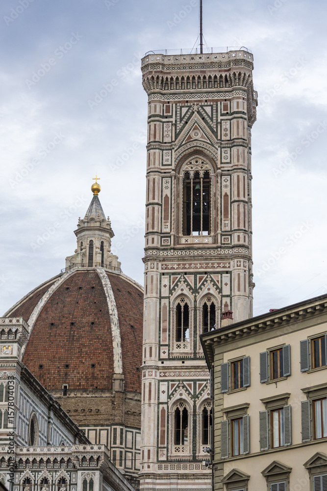 Giotto's bell tower and Brunelleschi's dome of Santa Maria del Fiore cathedral, Florence, Tuscany, Italy.