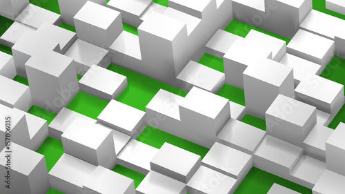 Abstract background of cubes and parallelepipeds  white on green