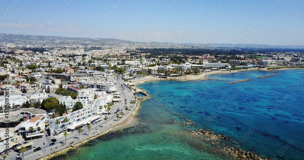 flying over the island. paradise. island with villas and hotels. Mediterranean Sea. Cyprus. Drone Point of View	
