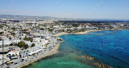 flying over the island. paradise. island with villas and hotels. Mediterranean Sea. Cyprus. Drone Point of View 
