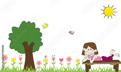 Niña tumbada en banco.