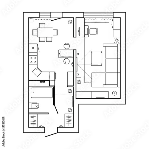 The plan of the apartment with furniture. Floor plan, thin lines icons set. The interior design of the symbols in top view. Vector illustration  
