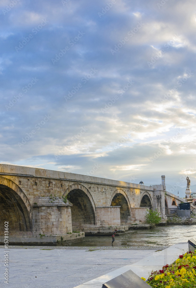 famous Stone bridge in Skopje, Macedonia at sunset, sunrise