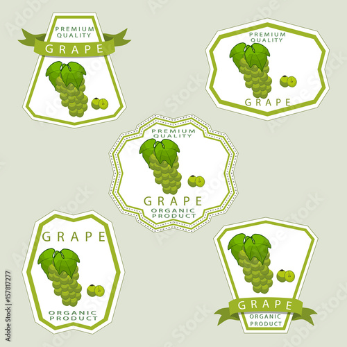 Abstract vector illustration logo for whole ripe berry grape with green stem leaf cut sliced on background.Grape drawing consisting of tag label peel pip ripe sweet food wine.Eat fresh bunch of grapes