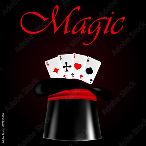 Vector illustration with a cylinder and cards. Hat for magic tricks and magic