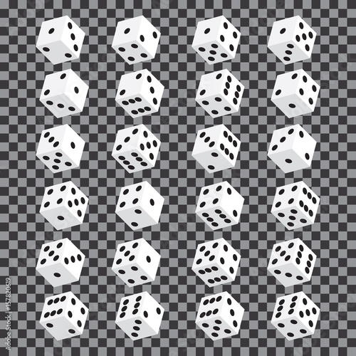 A set of isometric dice. Twenty-four variants loss dice on transparent background. Vector illustration.