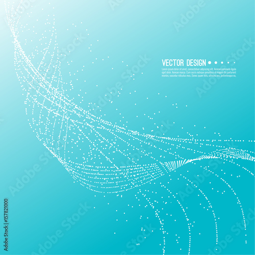 Abstract techno background with atom, molecule in waves. Technology, technical vector. Dynamic stream fragments of neurons dot. Sprayed circle particles in force field array.