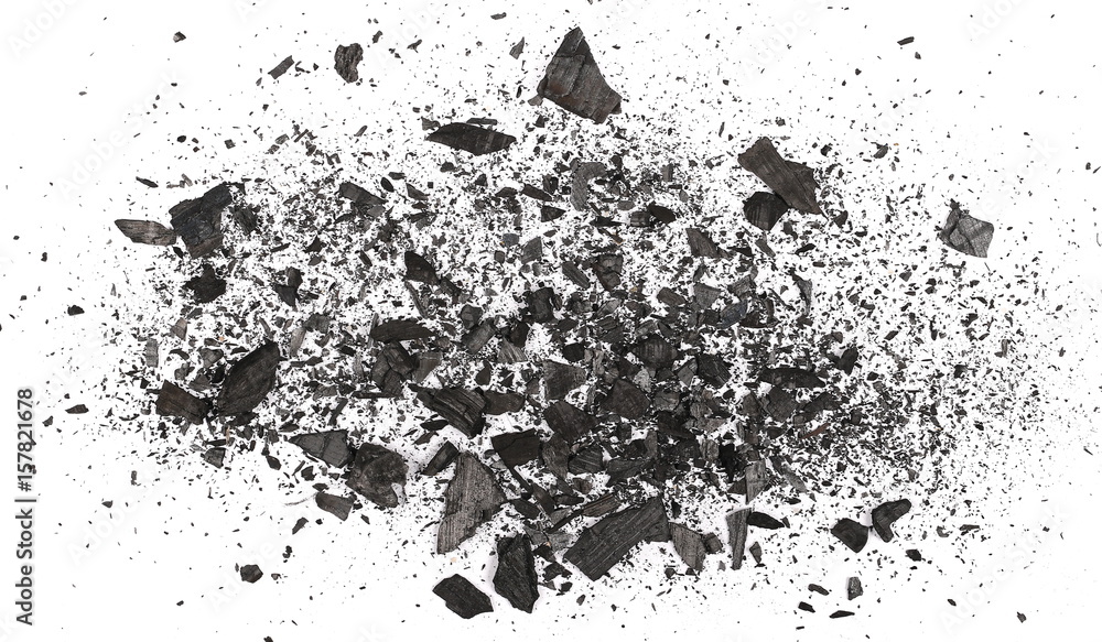 Fototapeta premium pile charcoal isolated on white background, xylanthrax, wood coal, top view