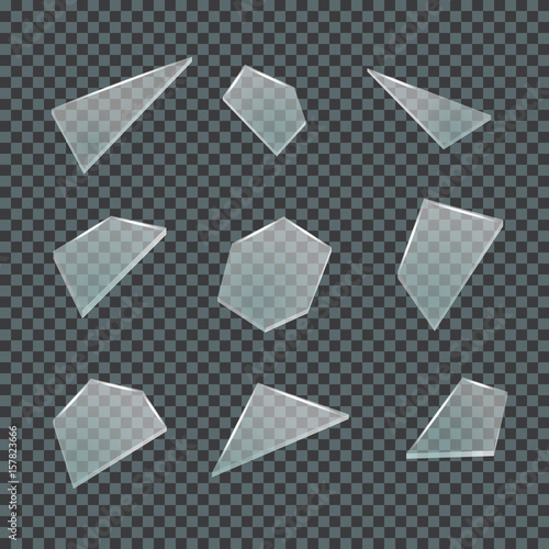 Realistic shards of glass on a transparent dark background. Elements of design. Vector illustration.