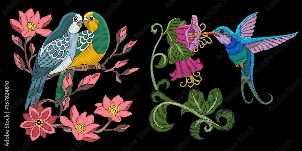 Obraz premium Embroidery bird designs. Budgerigar parrots on blooming apple tree branch. Hummingbird and hibiscus flowers. Collection of quilted elements for patches and stickers.