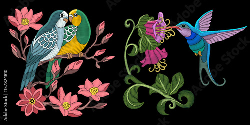 Embroidery bird designs. Budgerigar parrots on blooming apple tree branch. Hummingbird and hibiscus flowers. Collection of quilted elements for patches and stickers.