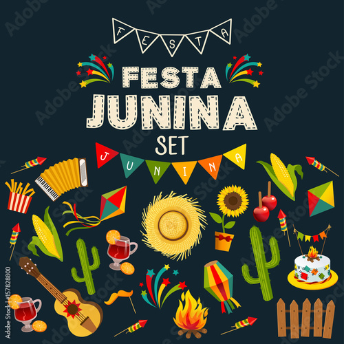 Festa junina background with decorative frame consisting of traditional celebration symbols flat vector illustration