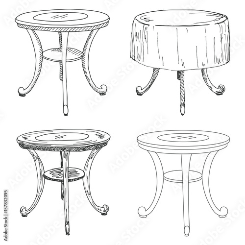 Sketch set isolated furniture. Different tables. Linear black tables on a white background. Vector illustration.