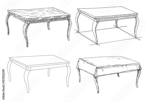 Sketch set isolated furniture. Different tables. Linear black tables on a white background. Vector illustration.