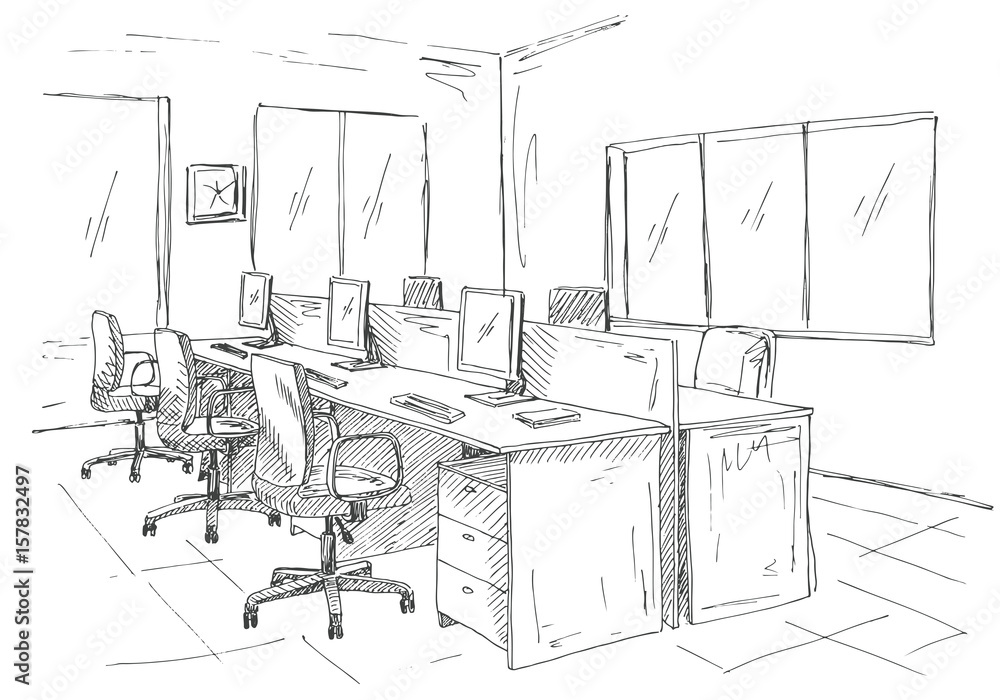 Open Space office. Workplaces outdoors. Tables, chairs and windows. Vector illustration in a sketch style. Open Space office. Workplaces outdoors. Tables, chairs and windows. Vector illustration in a sketch style.