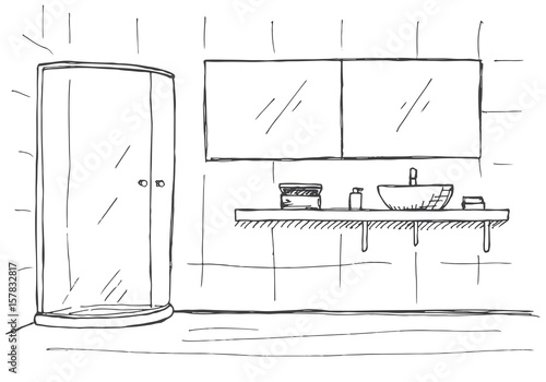 Hand drawn Linear sketch of an interior. Part of the bathroom. Vector illustration