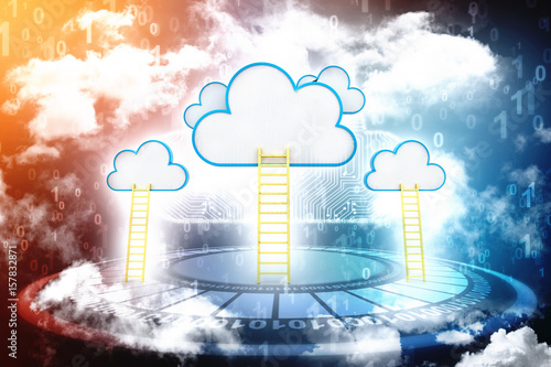 A competition concept, clouds with ladders on blue. 3d render photo