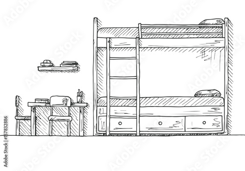 Children's room. Children's furniture. Bunk bed, table and two chairs. Hand drawn vector illustration of a sketch style.