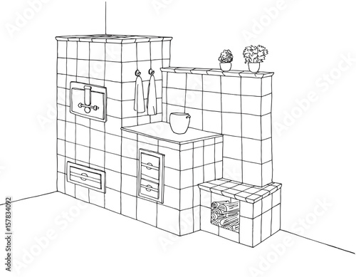 Tiled stove in a corner. Vector illustration