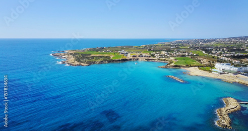 The bay of Aphrodite. Coast, beach, sea, rocks. Cyprus. Mediterranean Sea Place for travel and rest. health resort