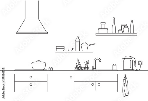 Kitchen sink. Kitchen worktop with sink, kitchen hood and plate in line style.