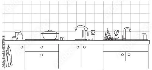 Kitchen sink. Kitchen worktop with sink and plate in line style.