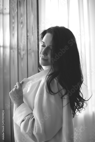 Gorgeous girl in white shirt, black and white style