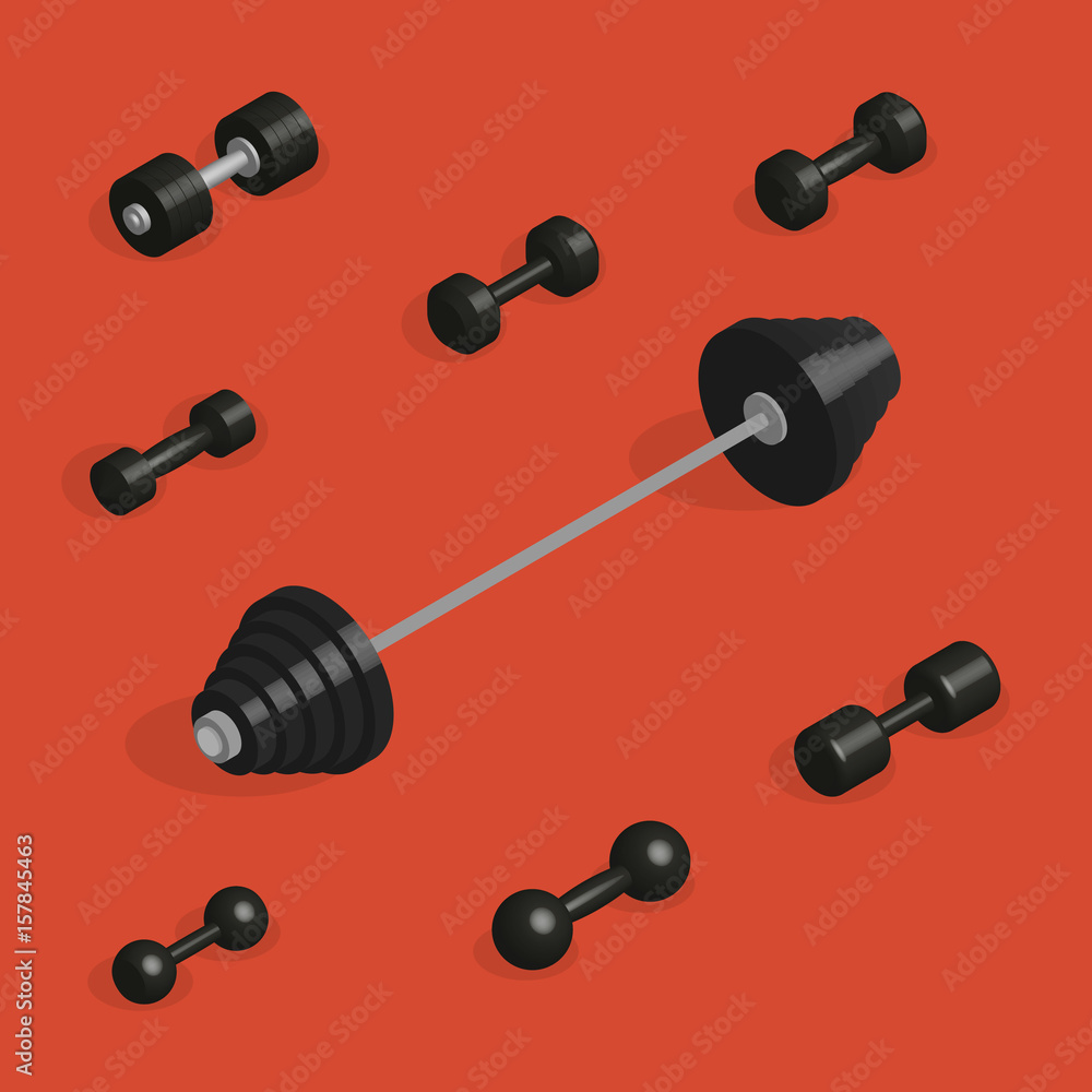 Flat design elements for gym and fitness in 3D, vector illustration. Flat design elements for gym and fitness in 3D, vector illustration.