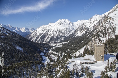 Aerial view of Belvedere tower and Bregaglia Valley. Maloja Pass, Engadine, Canton of Grisons Switzerland Europe © ClickAlps