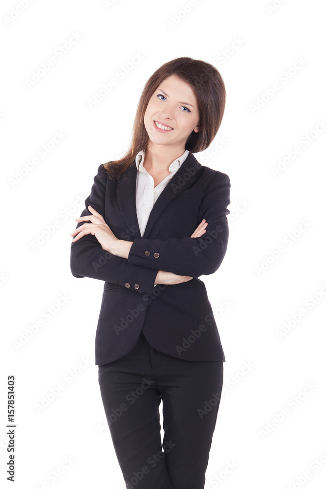 Portrait of young smiling businesswoman standing with hands folded against isolated on white background Portrait of young smiling businesswoman standing with hands folded against isolated on white background
