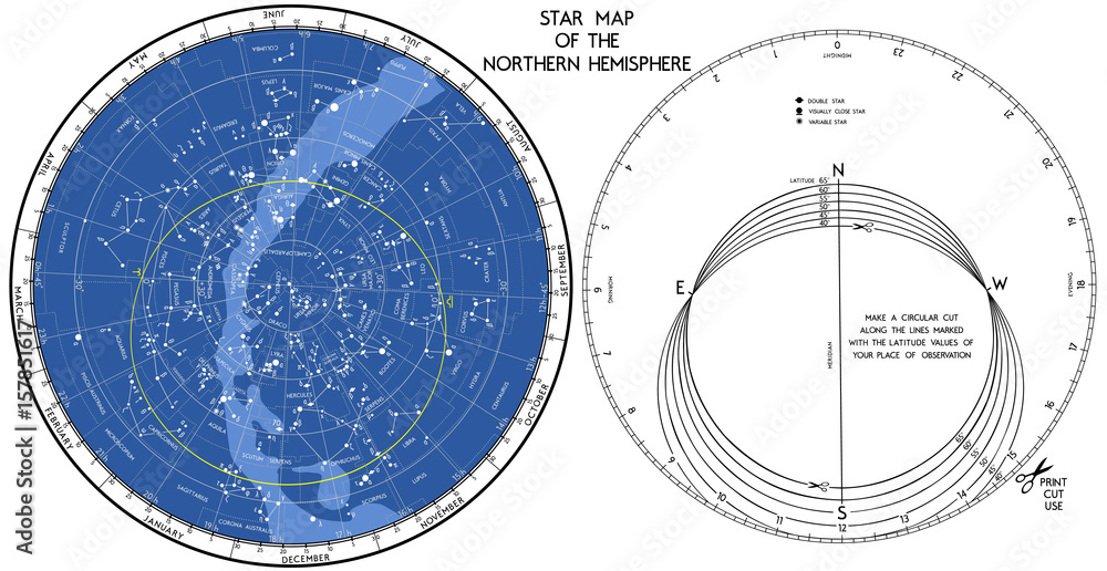 Star map. The search mobile map of the starry sky of the northern hemisphere. Vector is not traced, many layers. Works in a wide range of geographical latitudes. - obrazy, fototapety, plakaty 