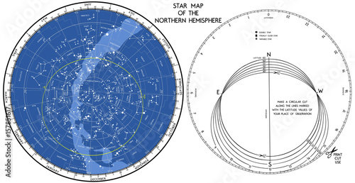 Star map. The search mobile map of the starry sky of the northern hemisphere. Vector is not traced, many layers. Works in a wide range of geographical latitudes. photo