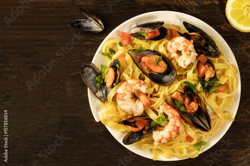Seafood pasta with mussels and shrimps