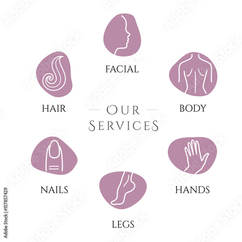 SPA services. Set of flat design colorful vector illustration icons for beauty procedures, wellness, spa, waxing, haircut, makeup, cosmetology isolated on bright background
