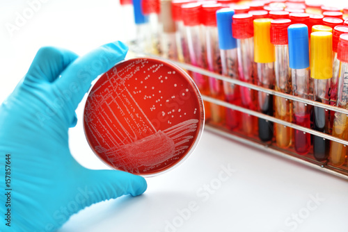 Colonies of bacteria in blood agar (culture medium plate)
 photo