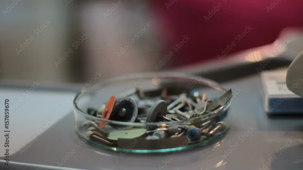 Dental tools and equipment. Close-up dental instruments. Dental protective glasses. Dental tools and equipment. Close-up dental instruments. Dental protective glasses.