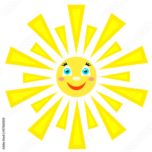 Smiling sun with rays of different shapes. Icon on a white background. Vector image in a cartoon style