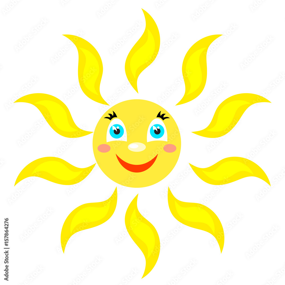 Smiling sun with rays of different shapes. Icon on a white background. Vector image in a cartoon style Smiling sun with rays of different shapes. Icon on a white background. Vector image in a cartoon style
