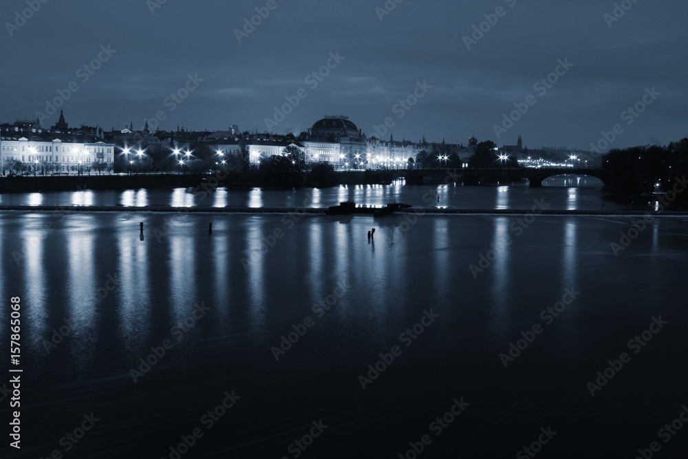 City Prague National theatre and river Vltava